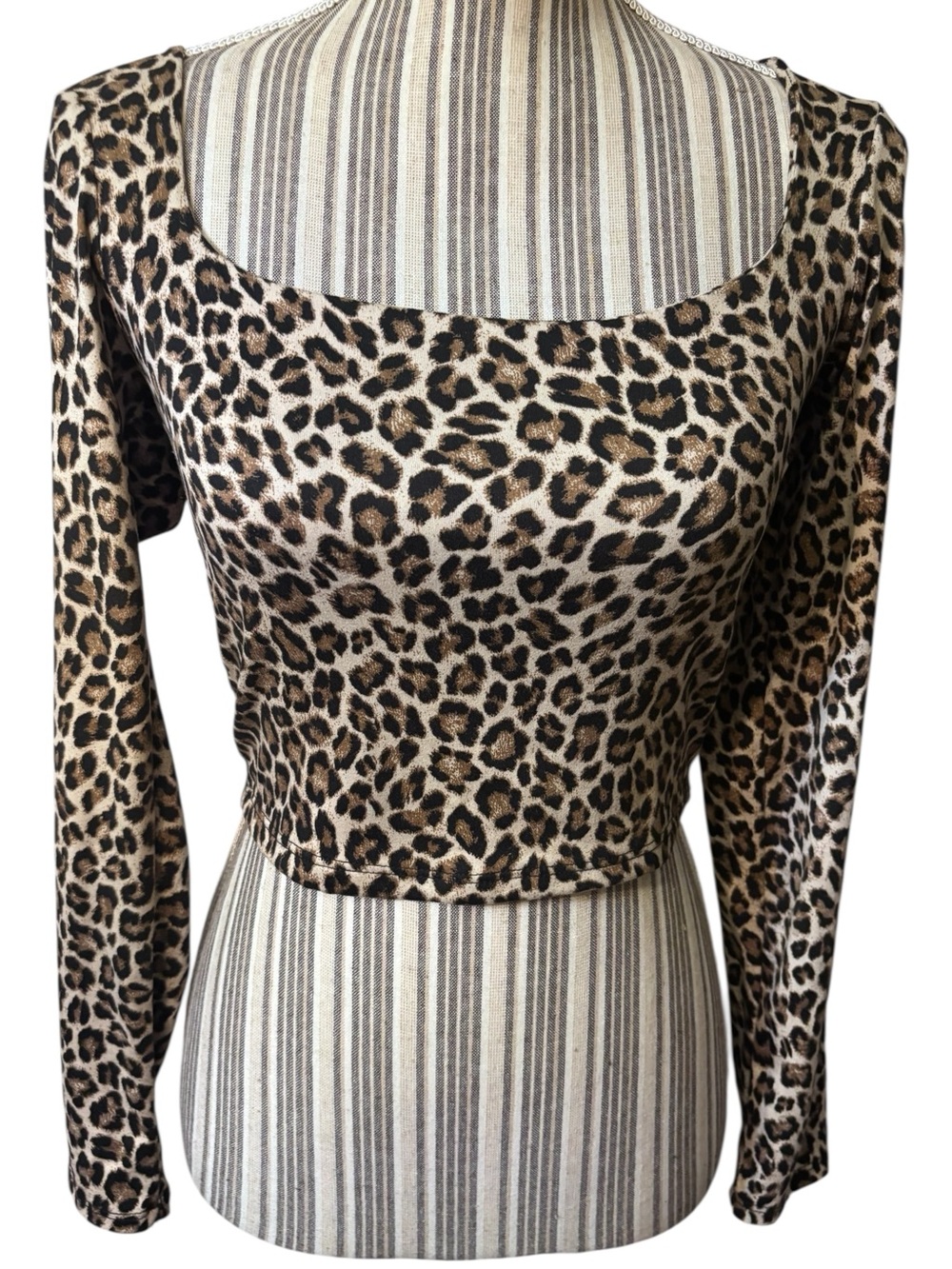 Y2K Gaze Crop Top Small Leopard Print Tan Black Cream Long Sleeve Square Neck